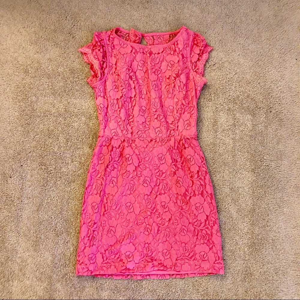 Pink lace dress with open back detail